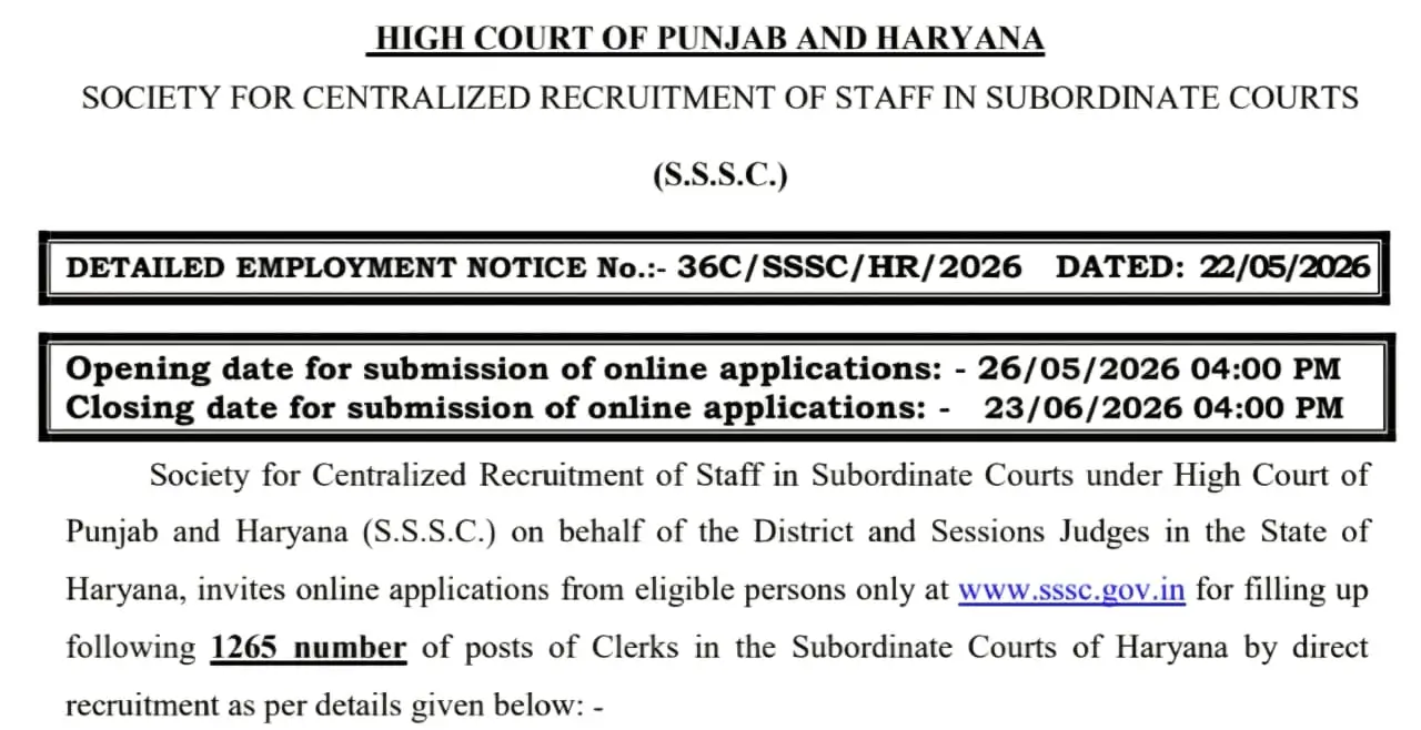 Haryana High Court Clerk Recruitment 2026 Notification