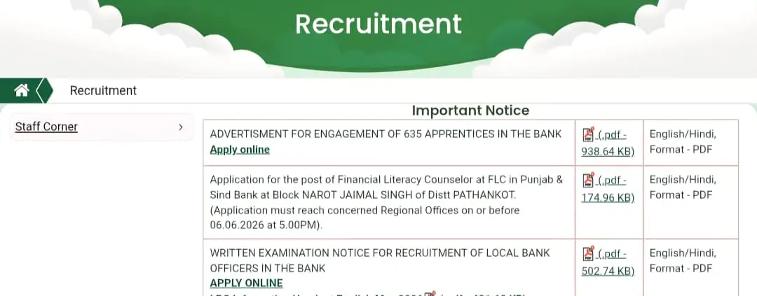 Punjab and Sind Bank Apprentice Recruitment Section