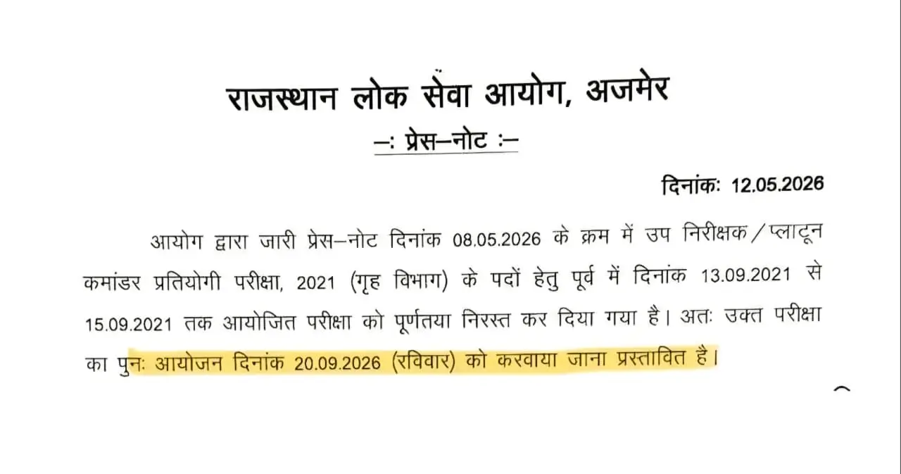 Rajasthan SI Re-Exam Date 2026