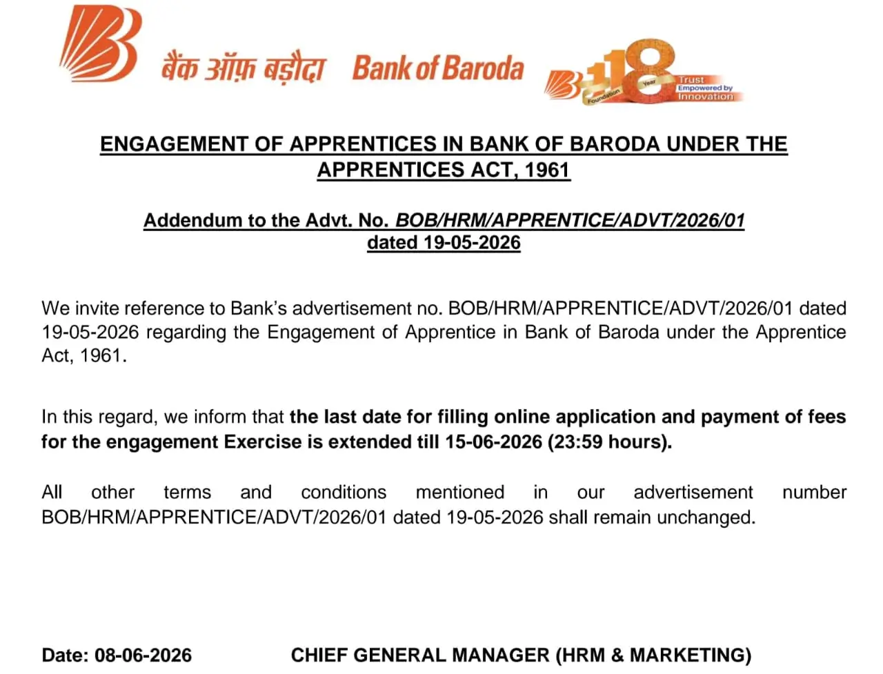 Bank of Baroda Apprentice Recruitment 2026 Last Date Extend