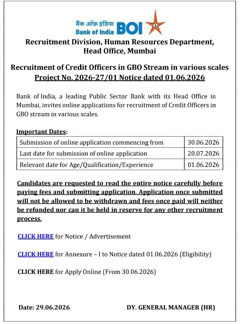 Bank of India CO Notification 2026
