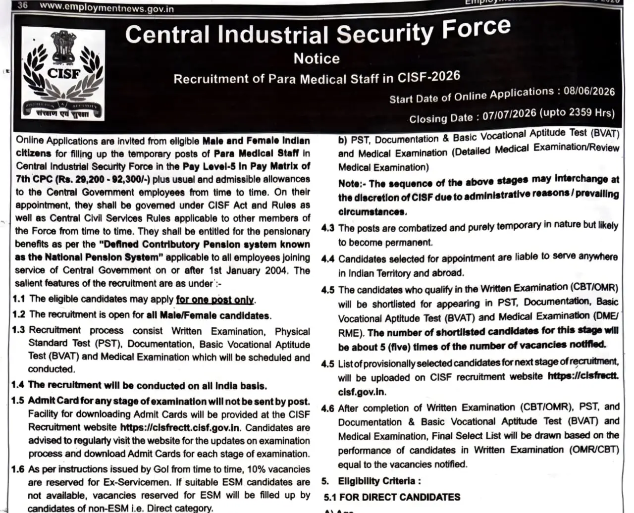 CISF Paramedical Staff Notification 2026