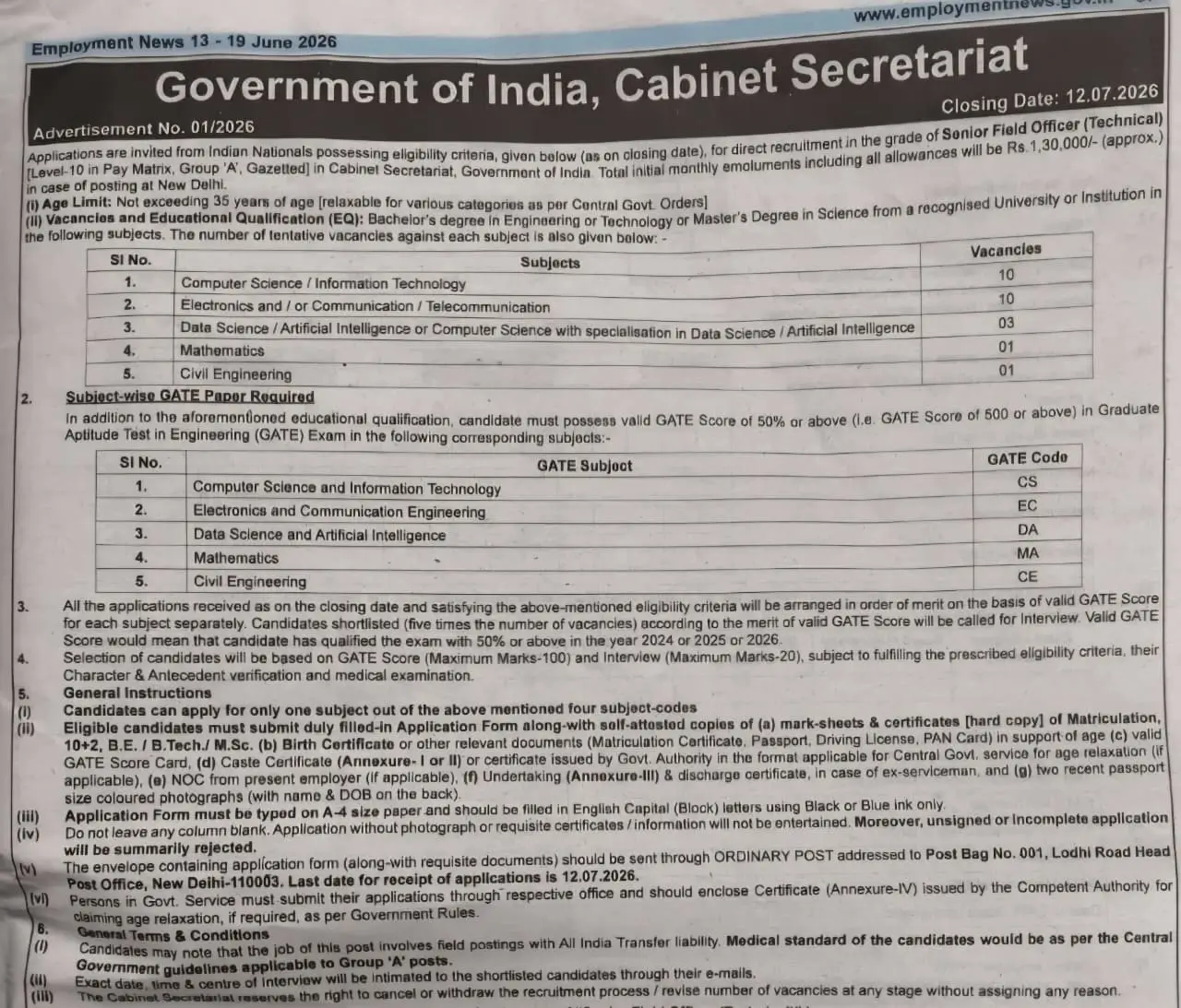 Cabinet Secretariat Senior Field Officer Notification
