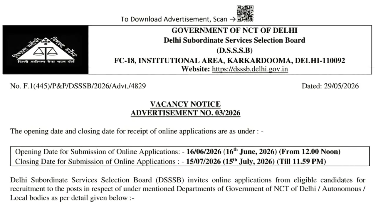 DSSSB Teaching and Non Teaching Recruitment 2026 Notification