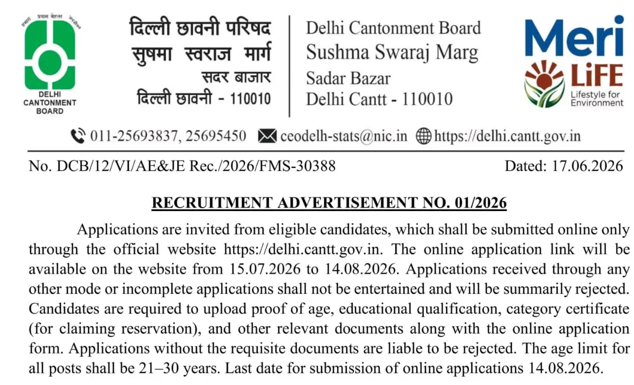 Delhi Chhavni Parishad Notification 2026