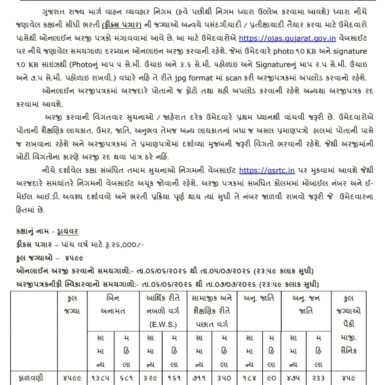 GSRTC Conductor Driver Bharti 2026 Notification
