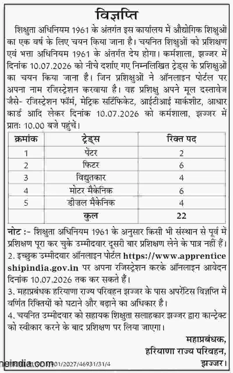  Jhajjar Roadways Apprentice Notification