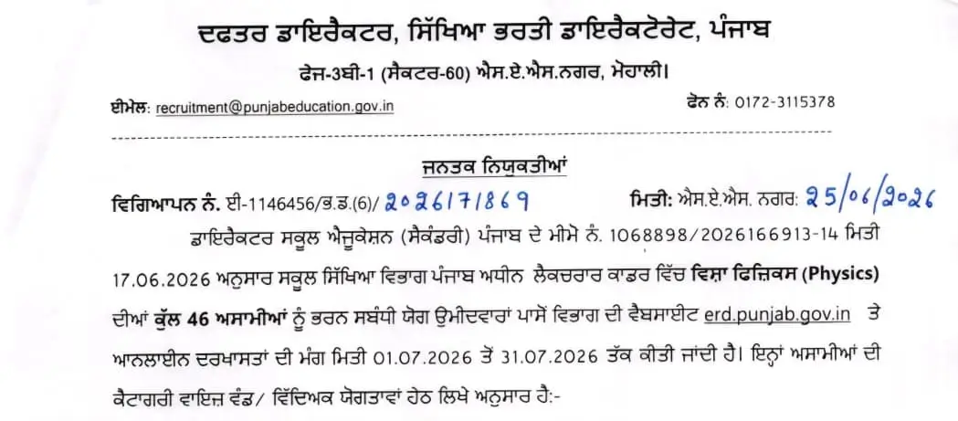 Punjab School Lecturer Fresh & Backlog Notification 2026
