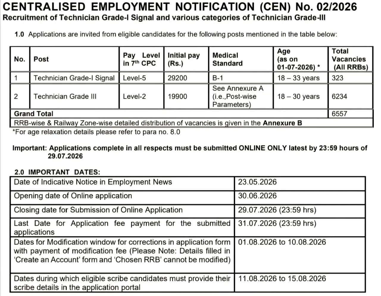 RRB Technician Notification 2026