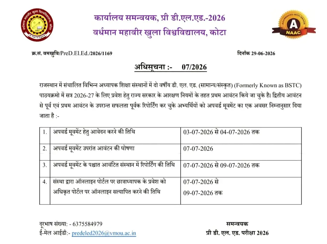 Rajasthan Pre BSTC Upward Movement Latest Updates