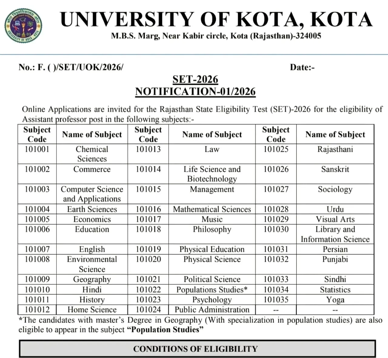 Rajasthan SET Exam 2026 Notification
