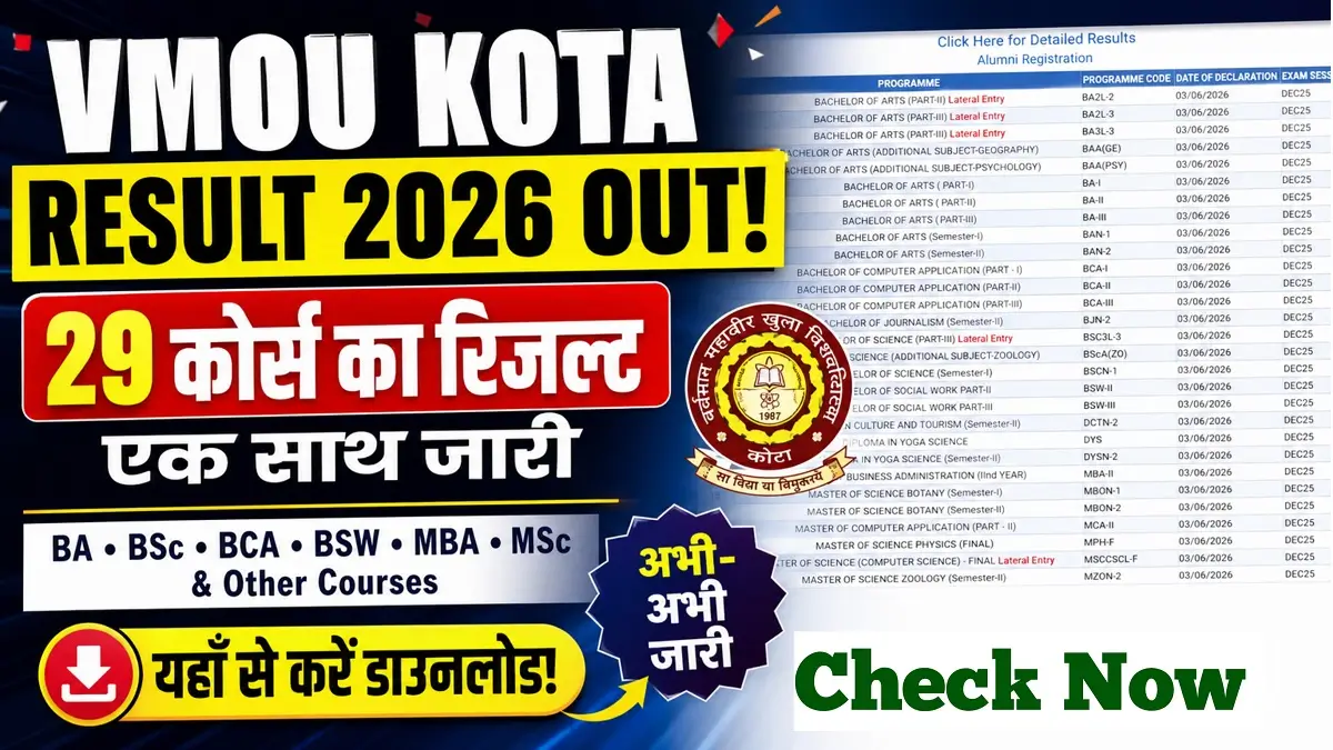 VMOU Kota Result 2026 Release कोटा यूनिवर्सिटी ने जारी किया BA, BSc, BCA, BSW, MBA, MSc, Diploma in Yoga VMOU 29 Result