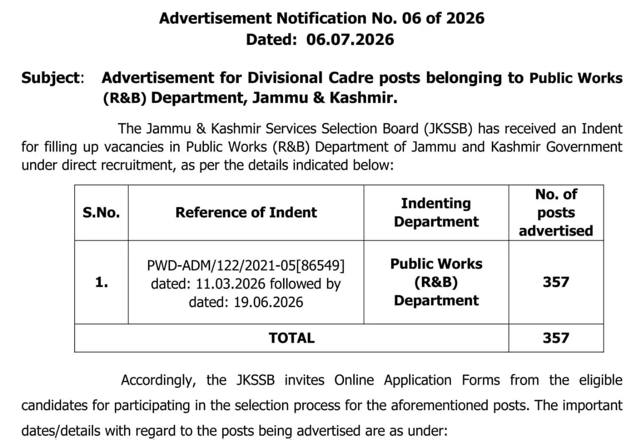 JKSSB PWD Vibhag Notification
