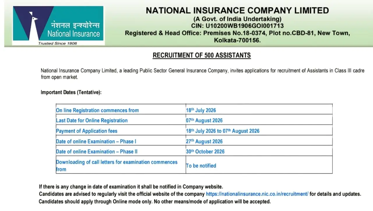NICL Assistant Notification