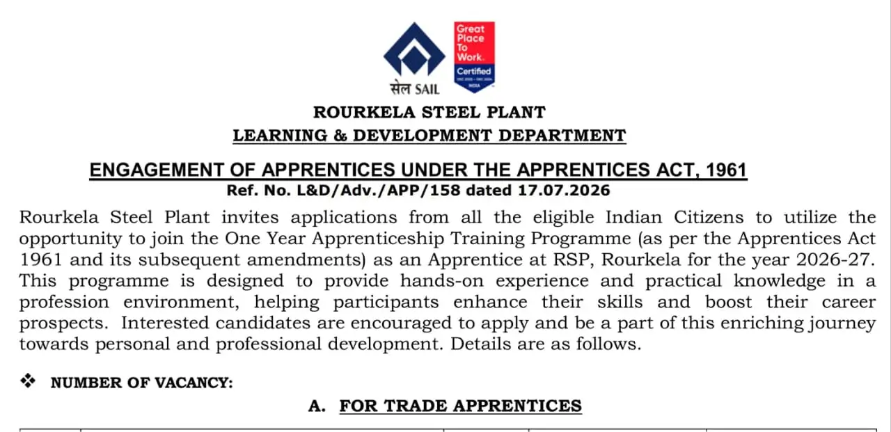 SAIL ITI Apprentice Notification