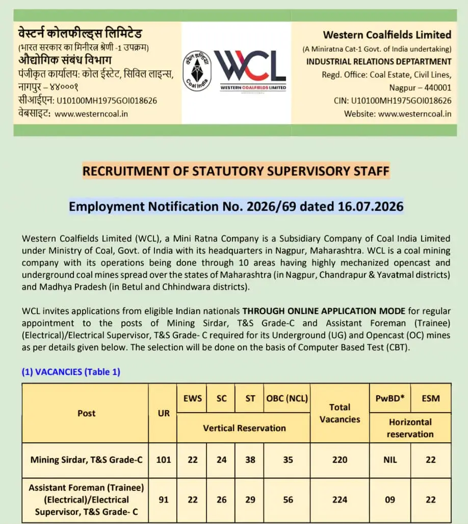 WCL Mining Sirdar Assistant Foreman Notification