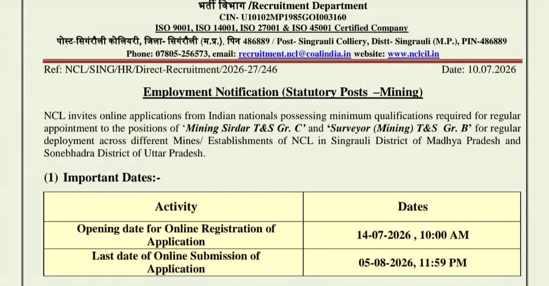WCL Mining Sirdar Foreman Surveyor Notification