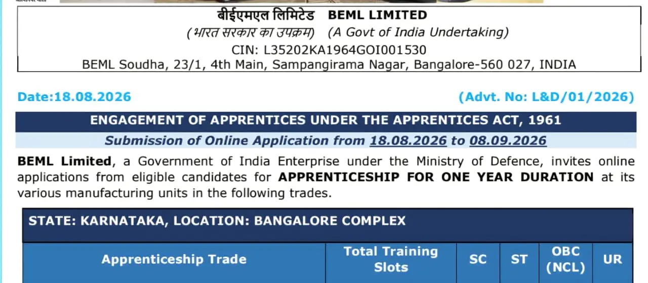 BEML Apprentice Notification