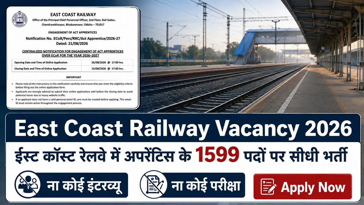 East Coast Railway Vacancy 2026 Advt No ECORPersRRCAct Apprentice 2026-27 Release 