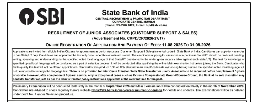 SBI Junior Associate Notification
