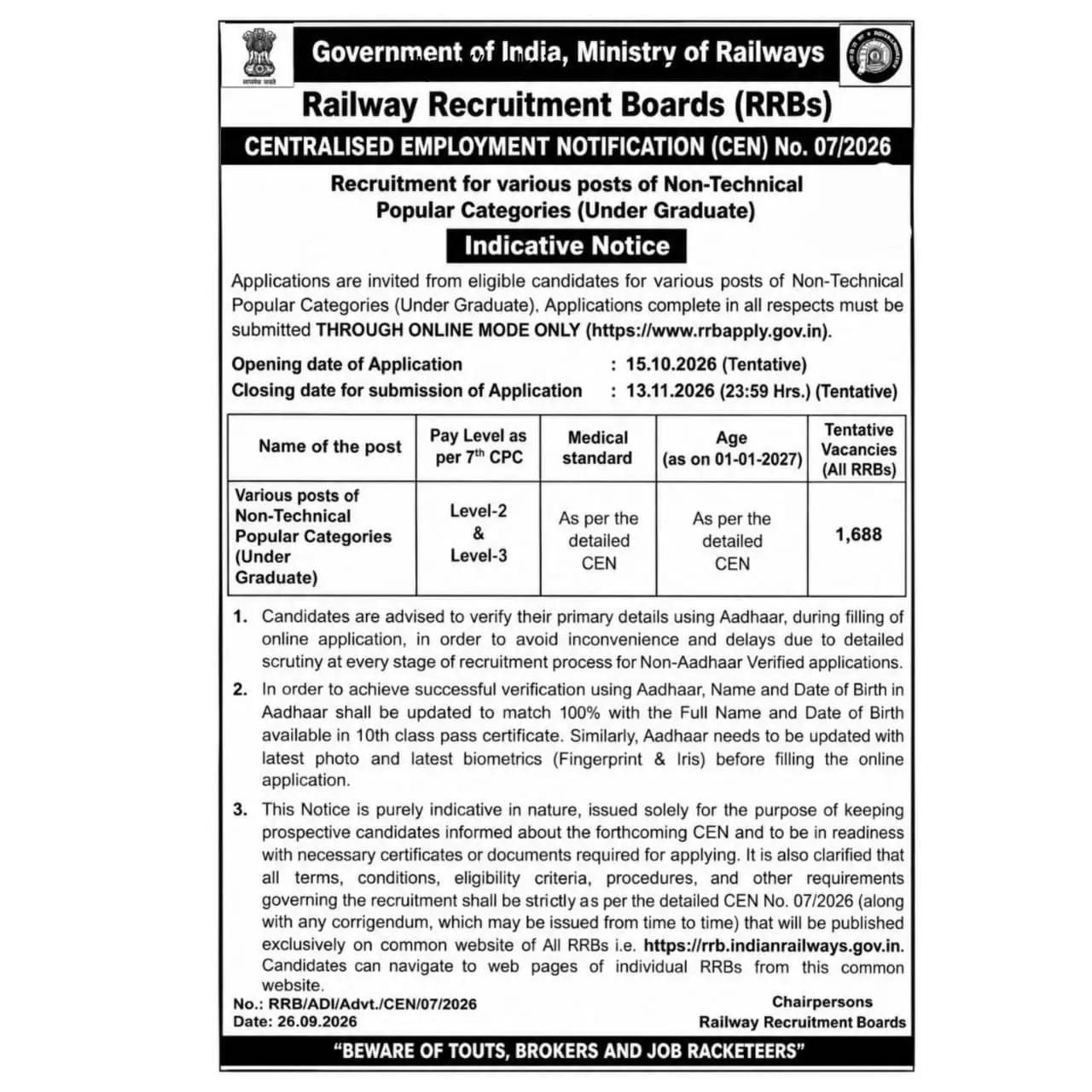 NTPC Undergraduate Level Notification